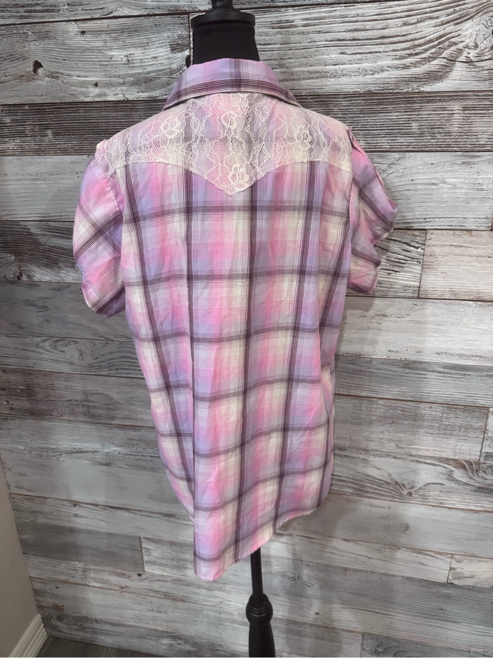 Wrangler Pink Purple Plaid Snap Down Shirt with Lace Accents - Picture 4 of 5